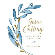Jesus Calling devotional book by Sarah Young, featuring blue watercolor floral design and gold text.