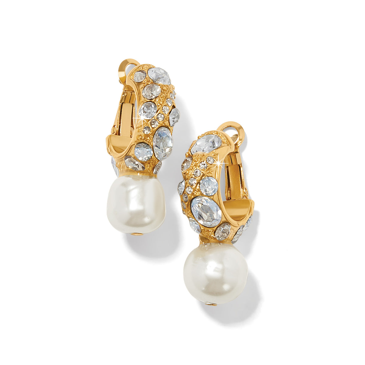 Silver-plated post hoop earrings featuring baroque pearl crystals with a flat disc back.