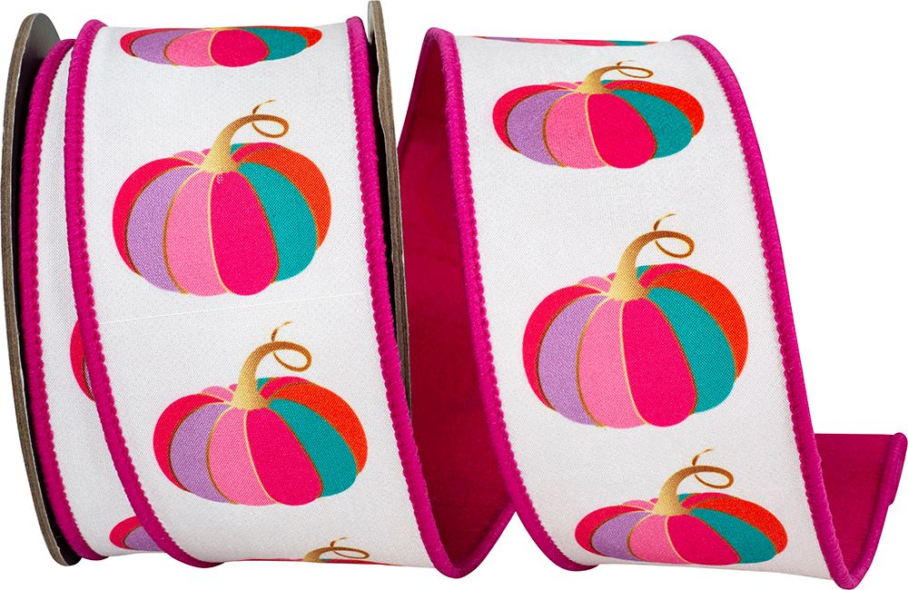Fuchsia wired edge ribbon featuring colorful striped pumpkins in pink, purple, teal, and orange.