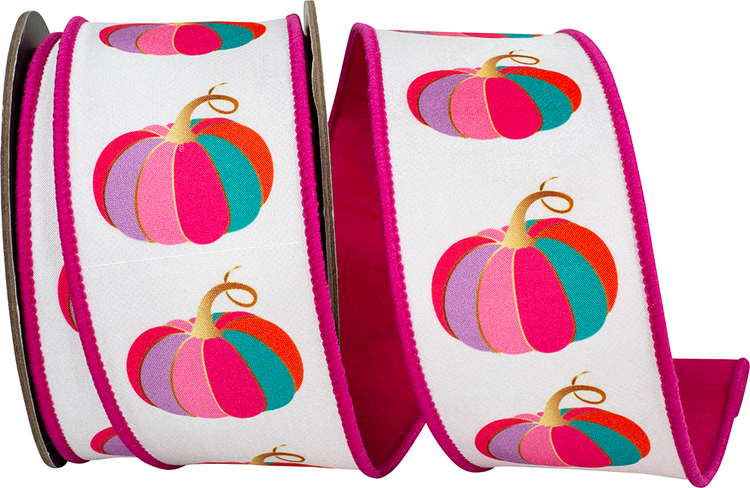 Fuchsia wired edge ribbon featuring colorful striped pumpkins in pink, purple, teal, and orange.