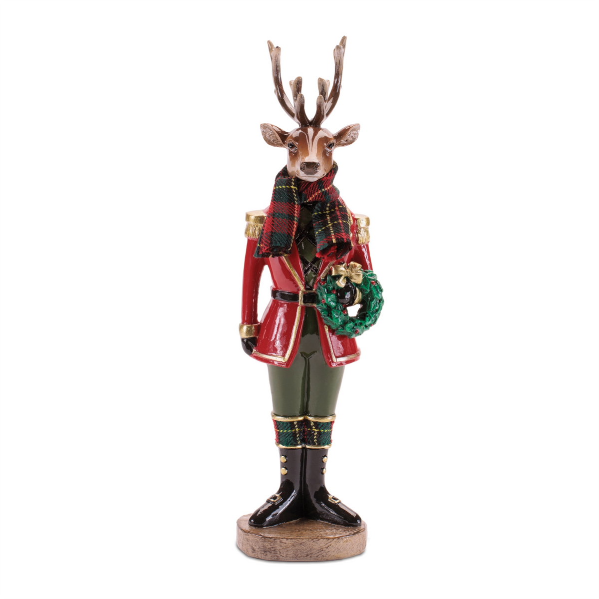 10.75-inch resin deer soldier figurine in a red uniform, plaid scarf, and holding a green wreath.