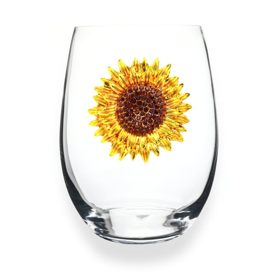 Handcrafted stemless wine glass with jeweled embellishments around the rim in clear crystal.