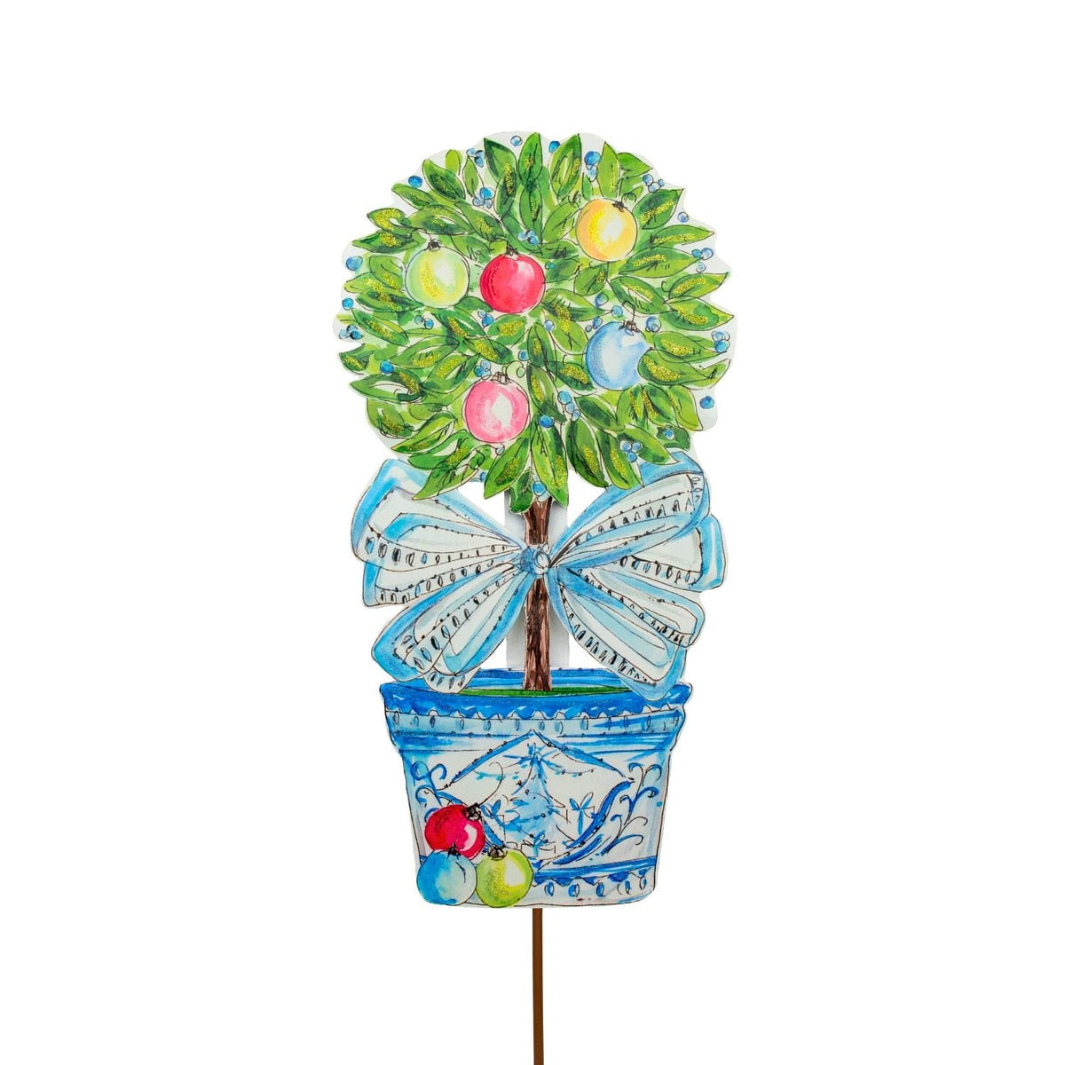 Beck's Winter Wonderland topiary stake with white frosted pine branches on a green conical silhouette.