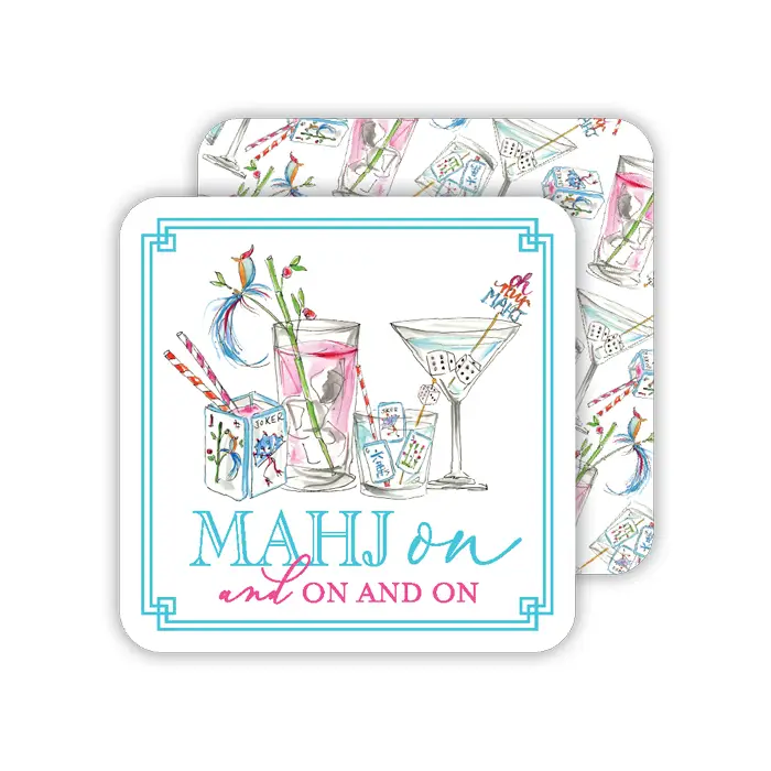 Square reversible coasters featuring watercolor mahjong-themed cocktail illustrations.