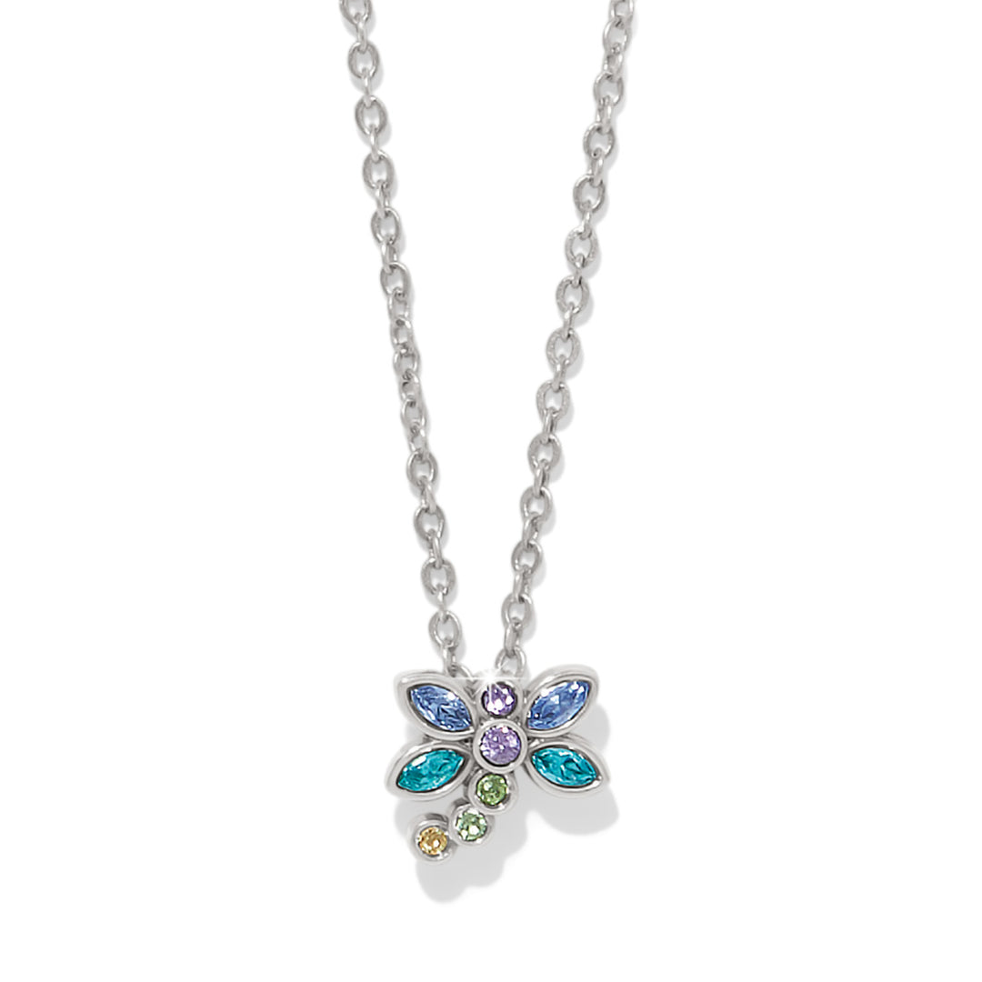 Silver plated adjustable necklace with a dragonfly pendant featuring fine quality crystals.