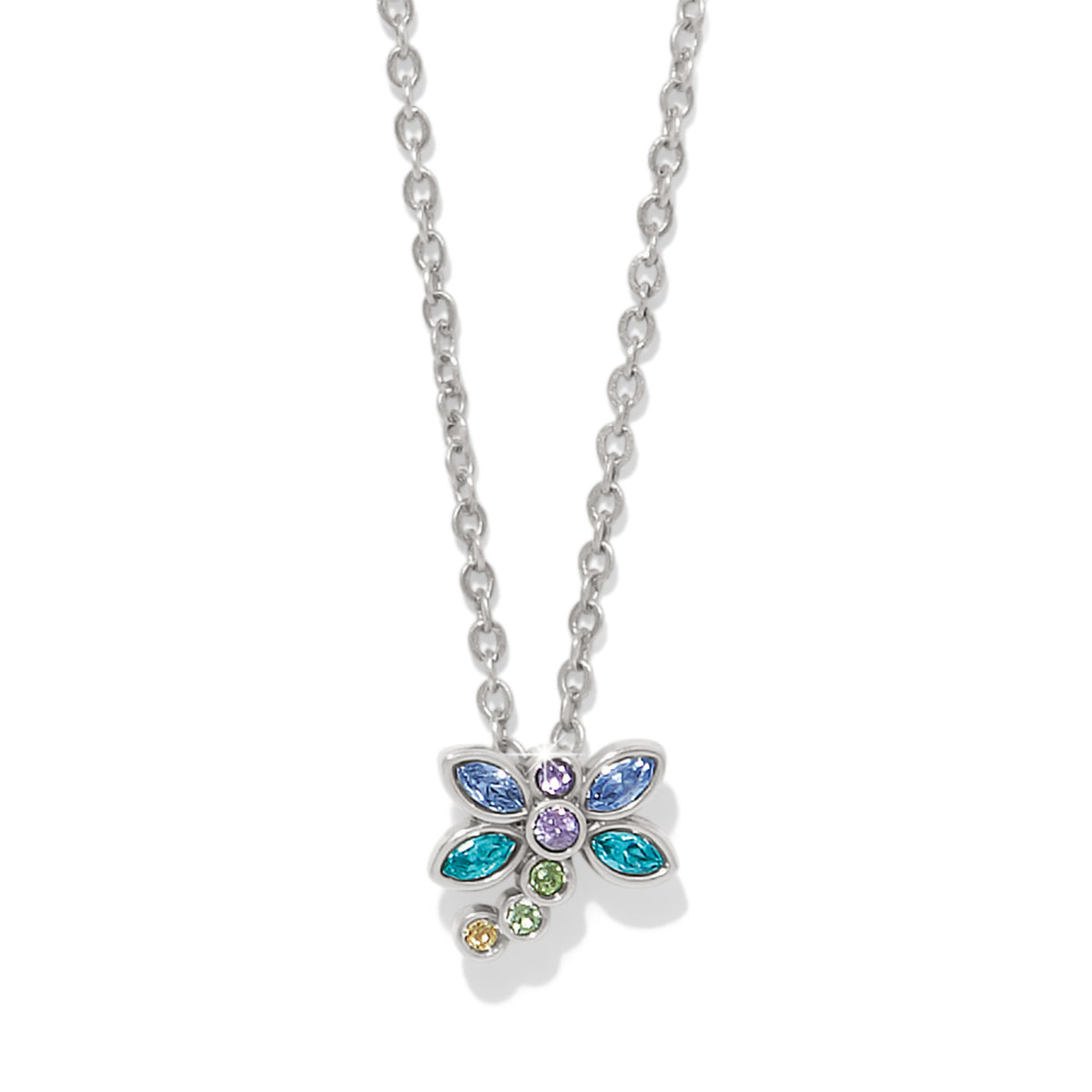 Silver plated adjustable necklace with a dragonfly pendant featuring fine quality crystals.