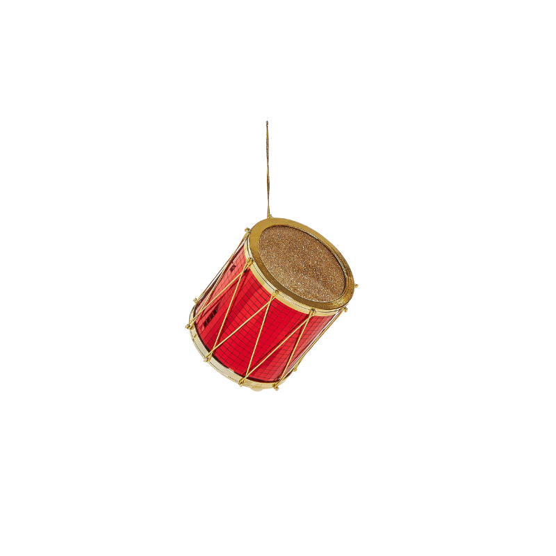 Red and gold drum Christmas ornament with glitter top and gold cord for hanging.