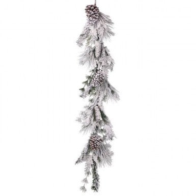 48-inch snow-covered pine and cedar garland with pine cones on a white background.