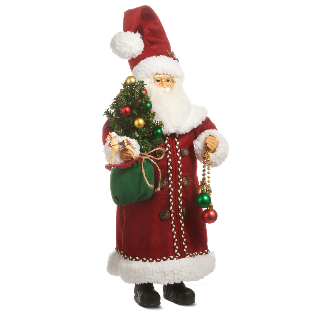 18-inch Country Vintage Santa figurine holding a small Christmas tree, a green sack, and ornaments.
