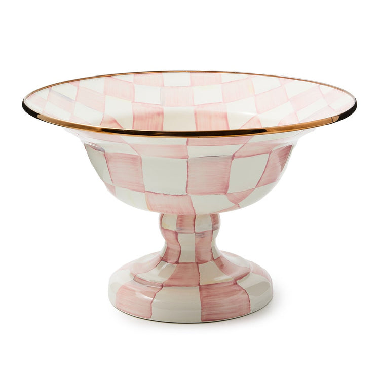 Large footed compote bowl with hand-painted pink and white checks and a bronzed rim.