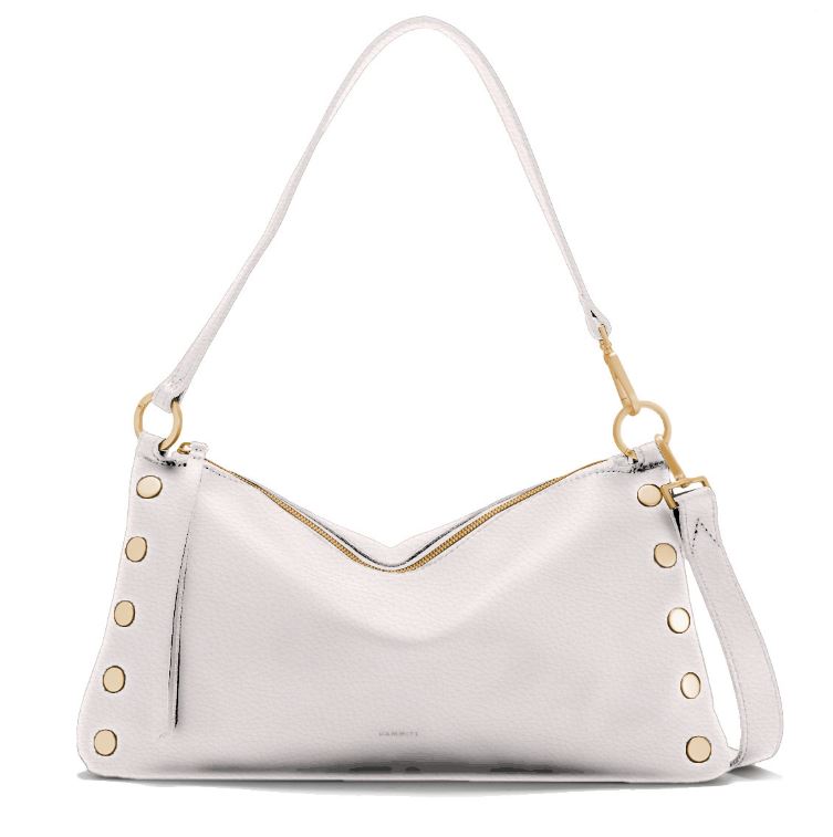 Kyle Med crossbody bag in white leather with brushed gold hardware, featuring red piping and a vertical back cell pocket.