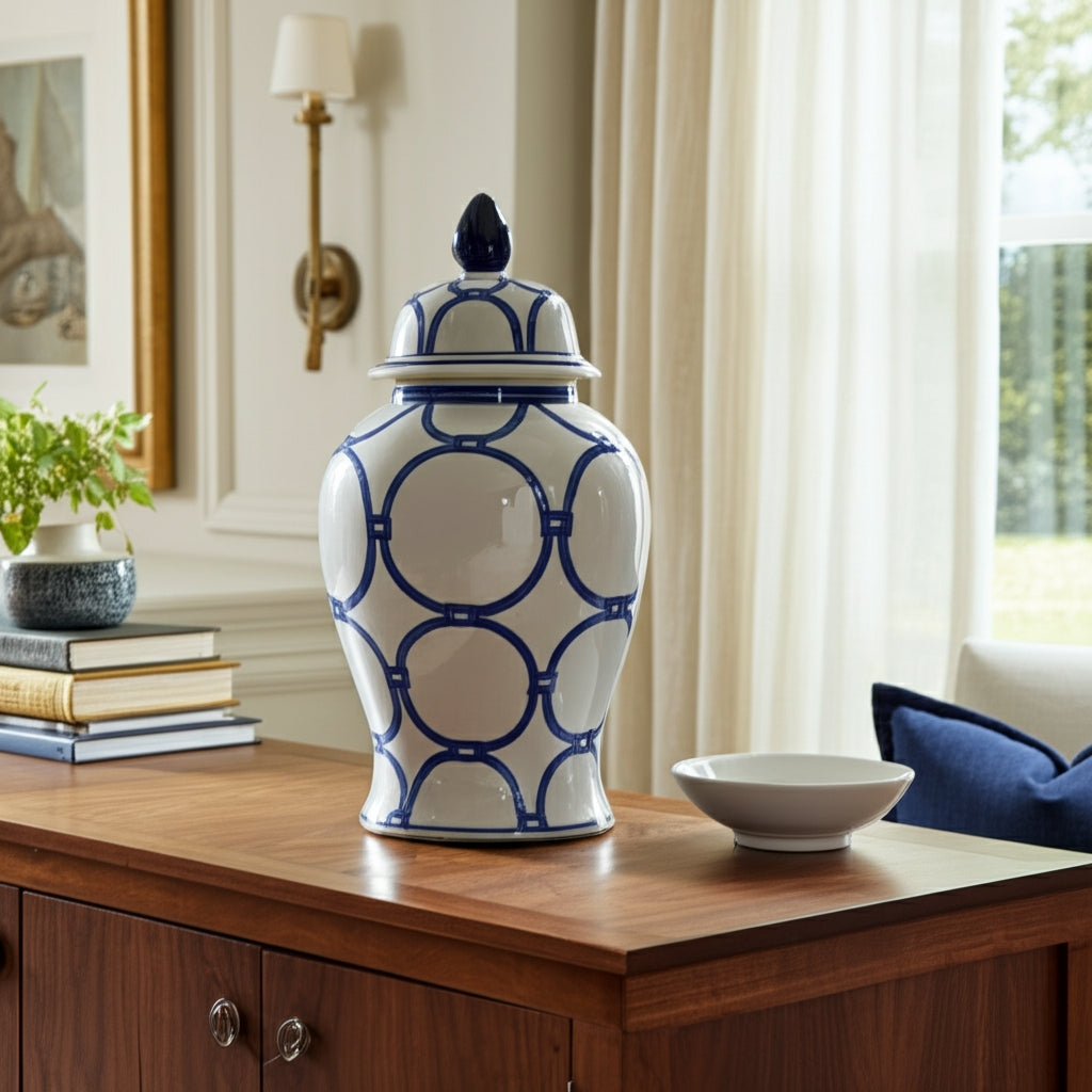 18 in. Ceramic Classic Links Decorative Temple Jar Blue