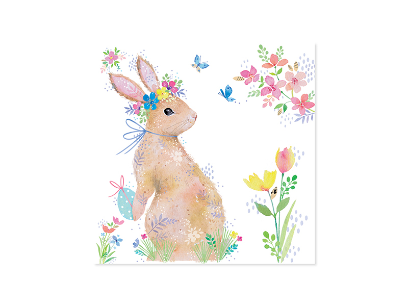 White envelope card with glitter finish featuring a rabbit illustration and 'Happy Easter' text.