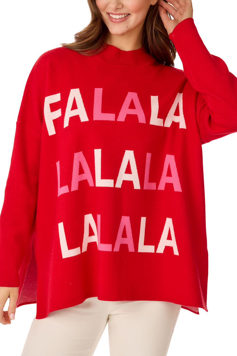 Red holiday jacquard sweater with pink and white 'FALALA' text, mock neck, and side slit hem.