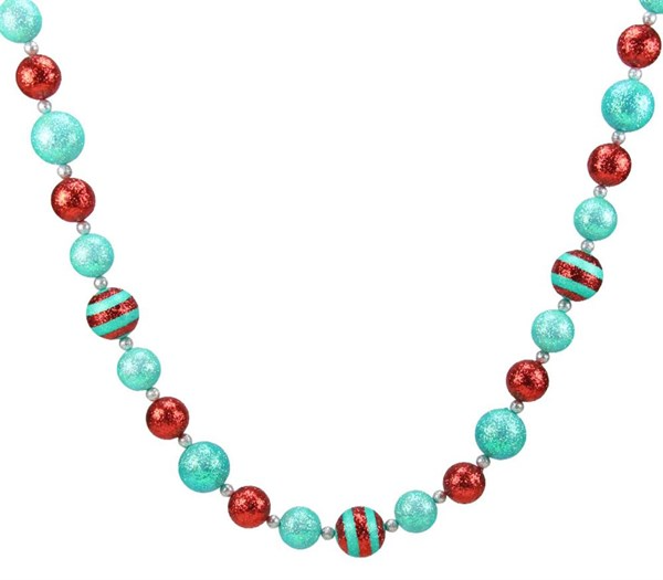 Mint green and red glitter stripe ball garland made of styrofoam.