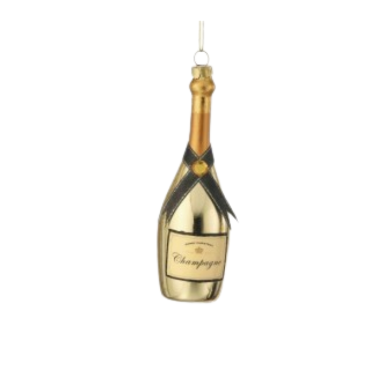 5.5-inch gold glass champagne bottle Christmas ornament with a black ribbon and cream label.