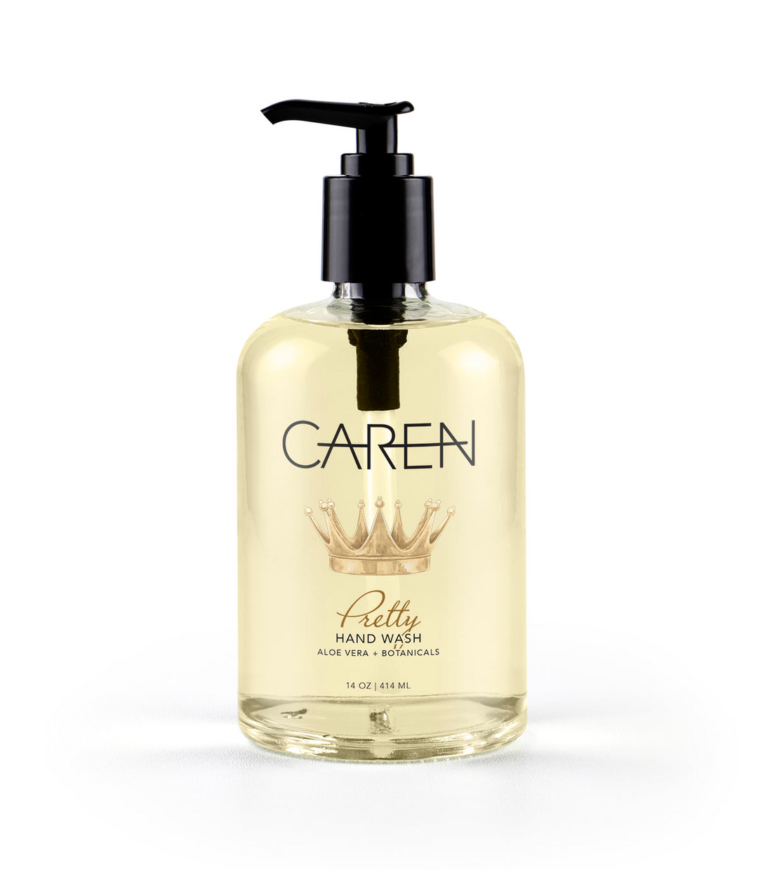 Caren Pretty Hand Wash in a 14 oz clear bottle with a black pump and gold crown illustration.