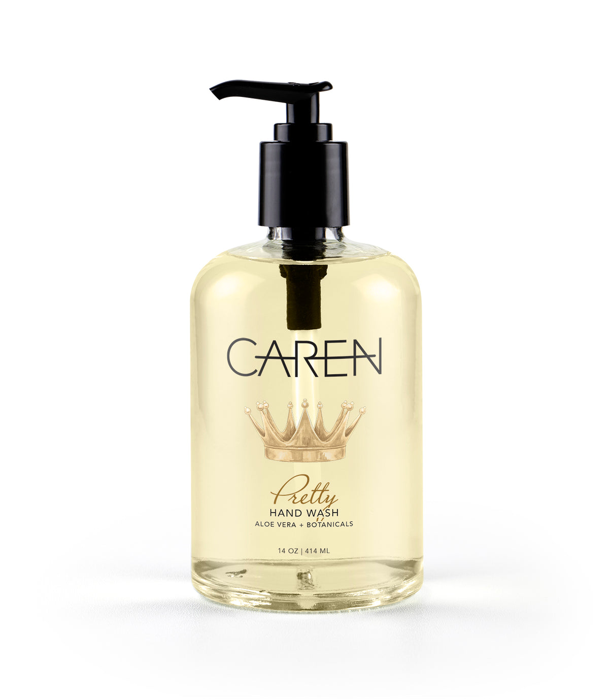 Caren Pretty Hand Wash in a 14 oz clear bottle with a black pump and gold crown illustration.
