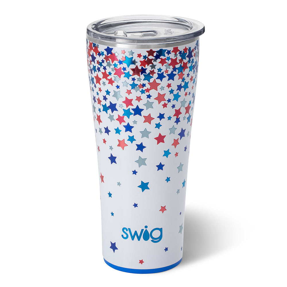 32oz stainless steel tumbler with a white base and red, blue, and silver star pattern.