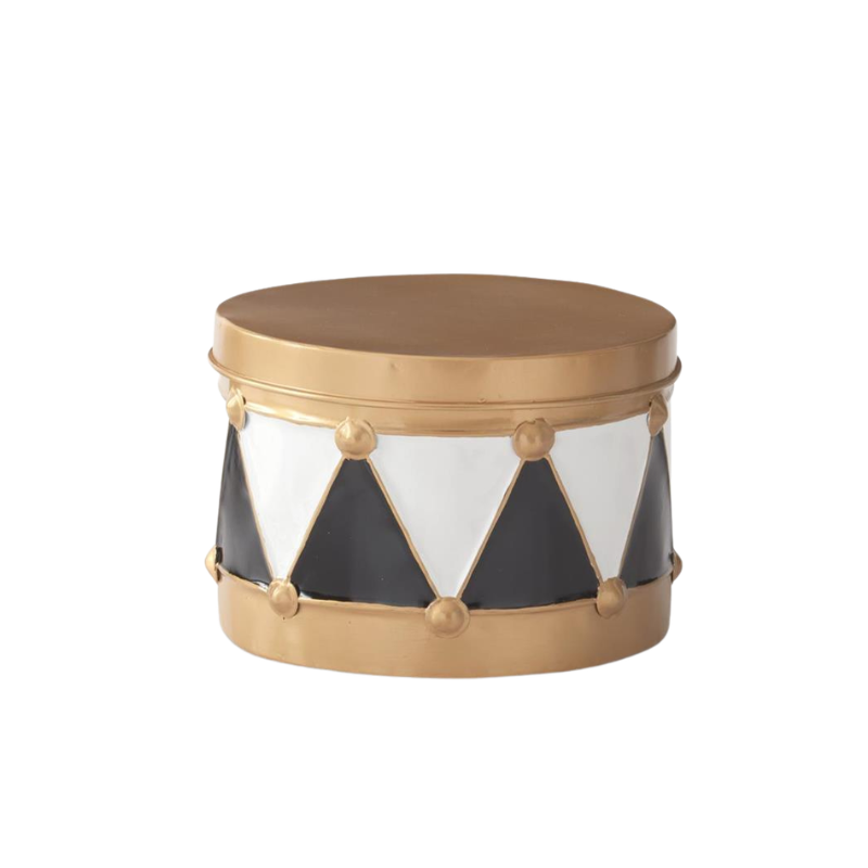 Black and white harlequin pattern metal drum container with gold trim and lid.