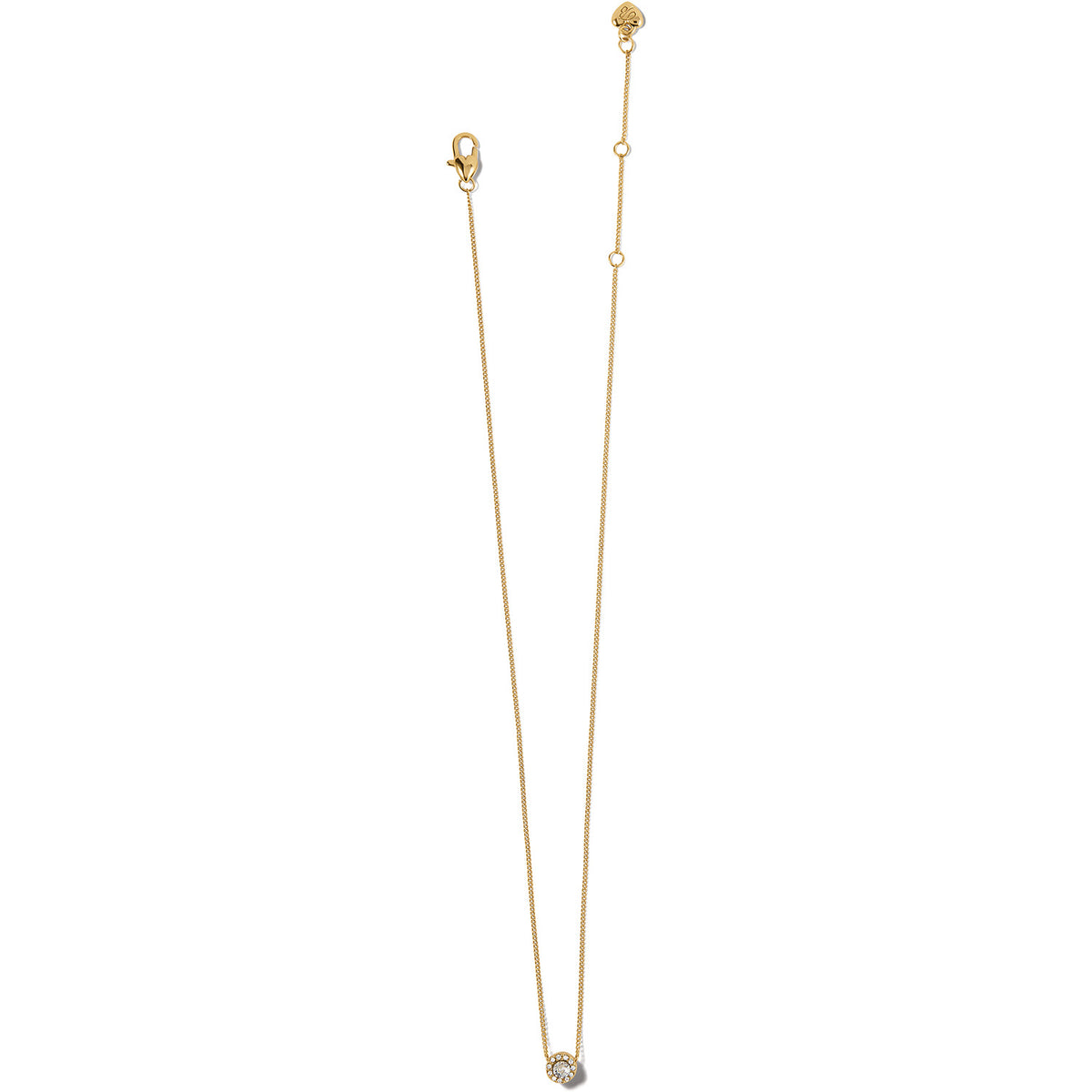 Gold plated adjustable solitaire necklace with a quarter-inch crystal pendant drop.