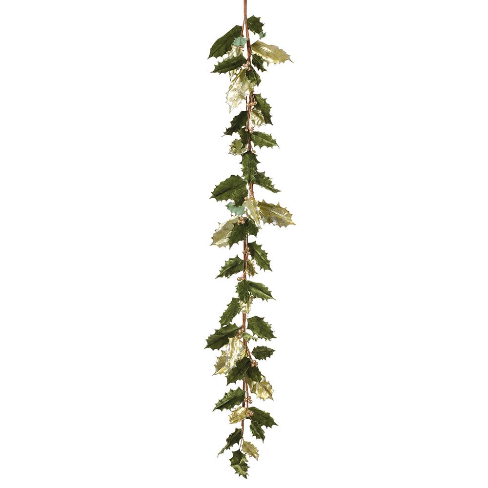 6-foot metallic and green velvet holly garland with gold berries on a brown stem.