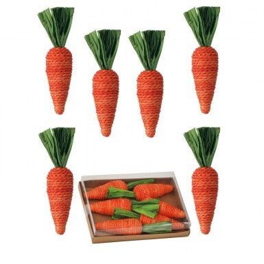 Set of fabric carrots in a box; orange textured material with green leaf tops.