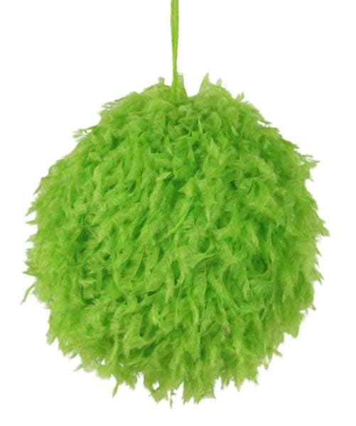 Spherical lime green faux fur fabric ball ornament with a soft plush texture.