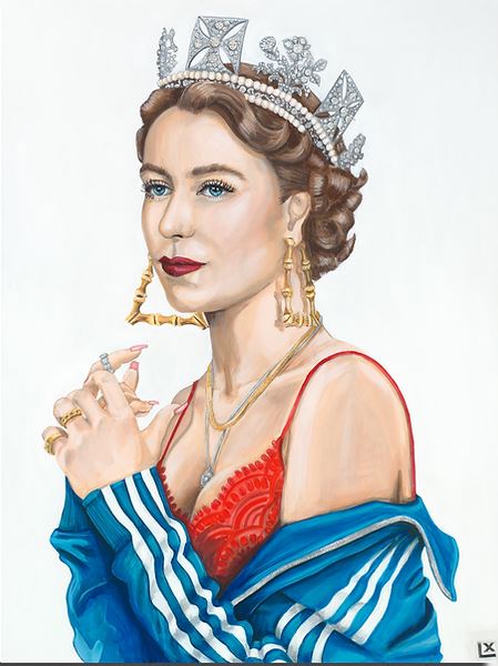 Print of Queen Elizabeth II wearing a crown, large gold earrings, red bra, and a blue tracksuit.