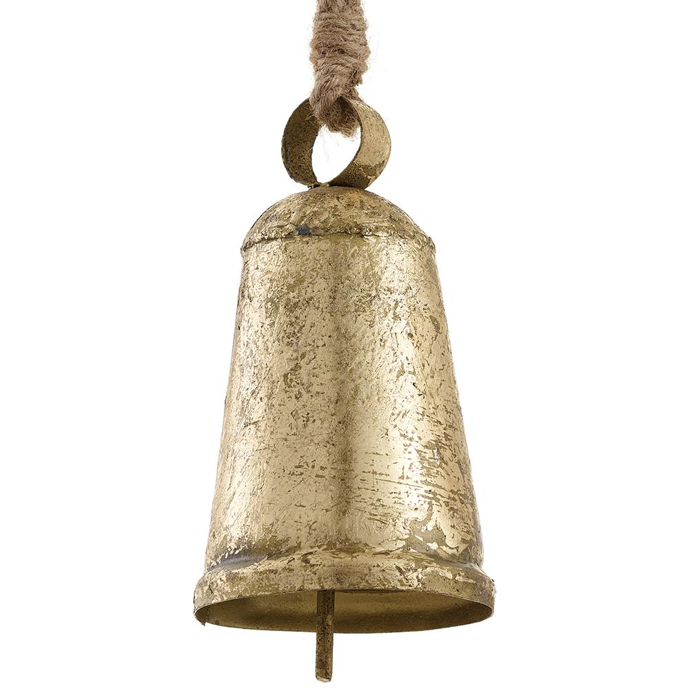 6.5-inch bell ornament made of iron with jute accents in a natural finish.