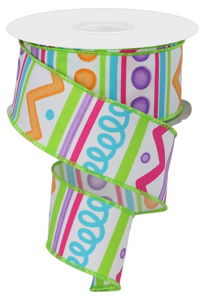 White polyester fabric roll with tribal stripe patterns in purple, green, pink, and turquoise.
