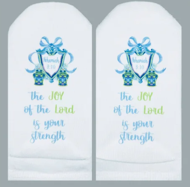 White no-show socks with Nehemiah 8:10 crest and 'the JOY of the Lord is your strength' text.