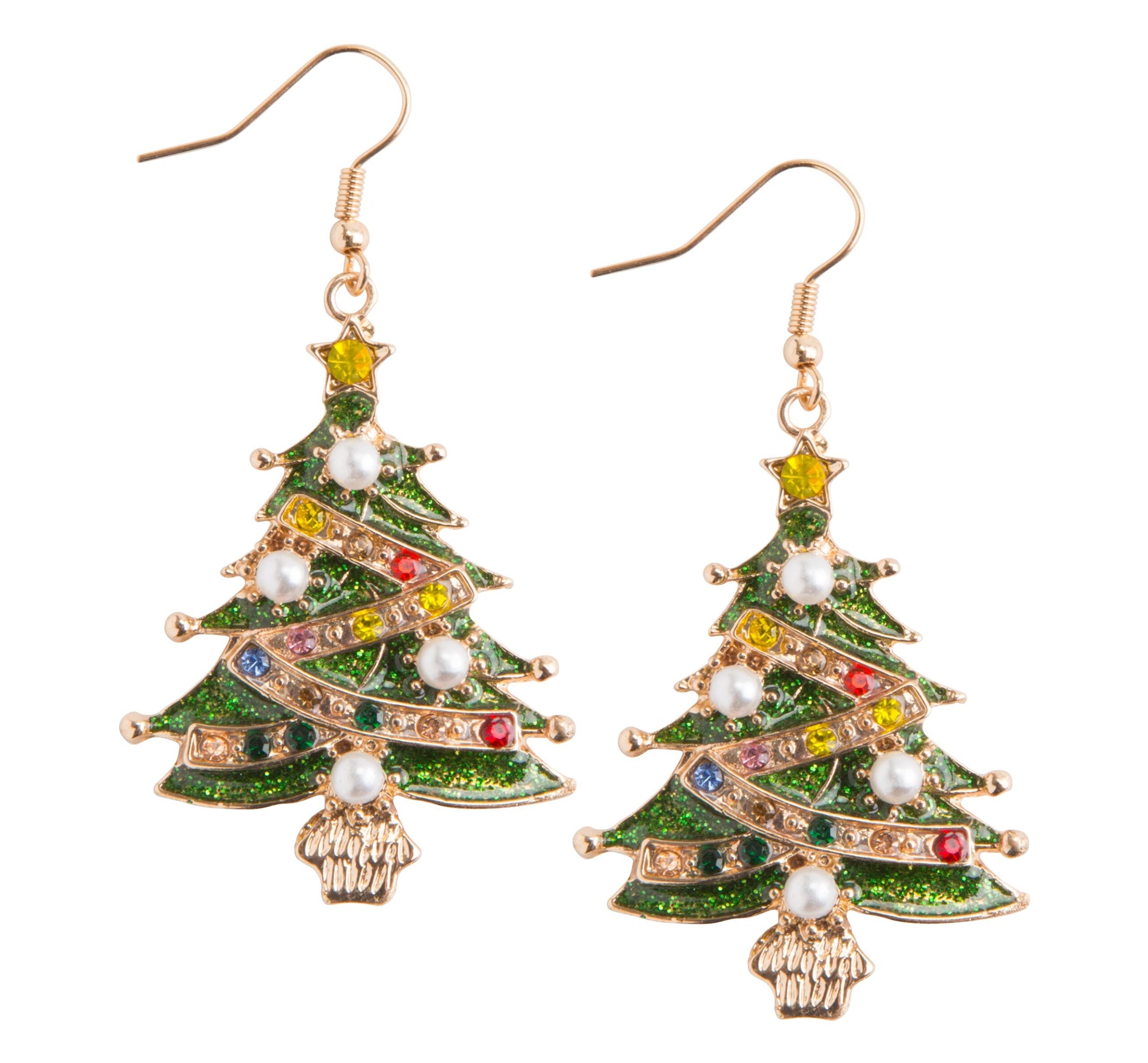 Crystal and pearl decorated Christmas tree earrings with silver-tone finish.