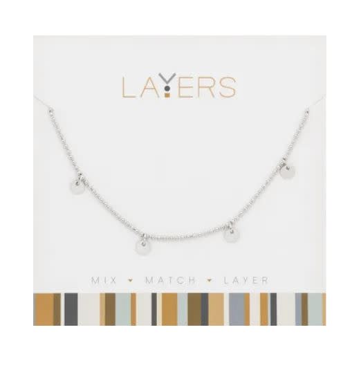Silver decorative disc layer necklace with mixed metallic tones