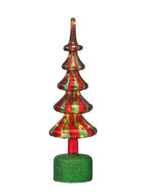 15-inch red and green striped glass Christmas tree table piece with LED lights and a green base.