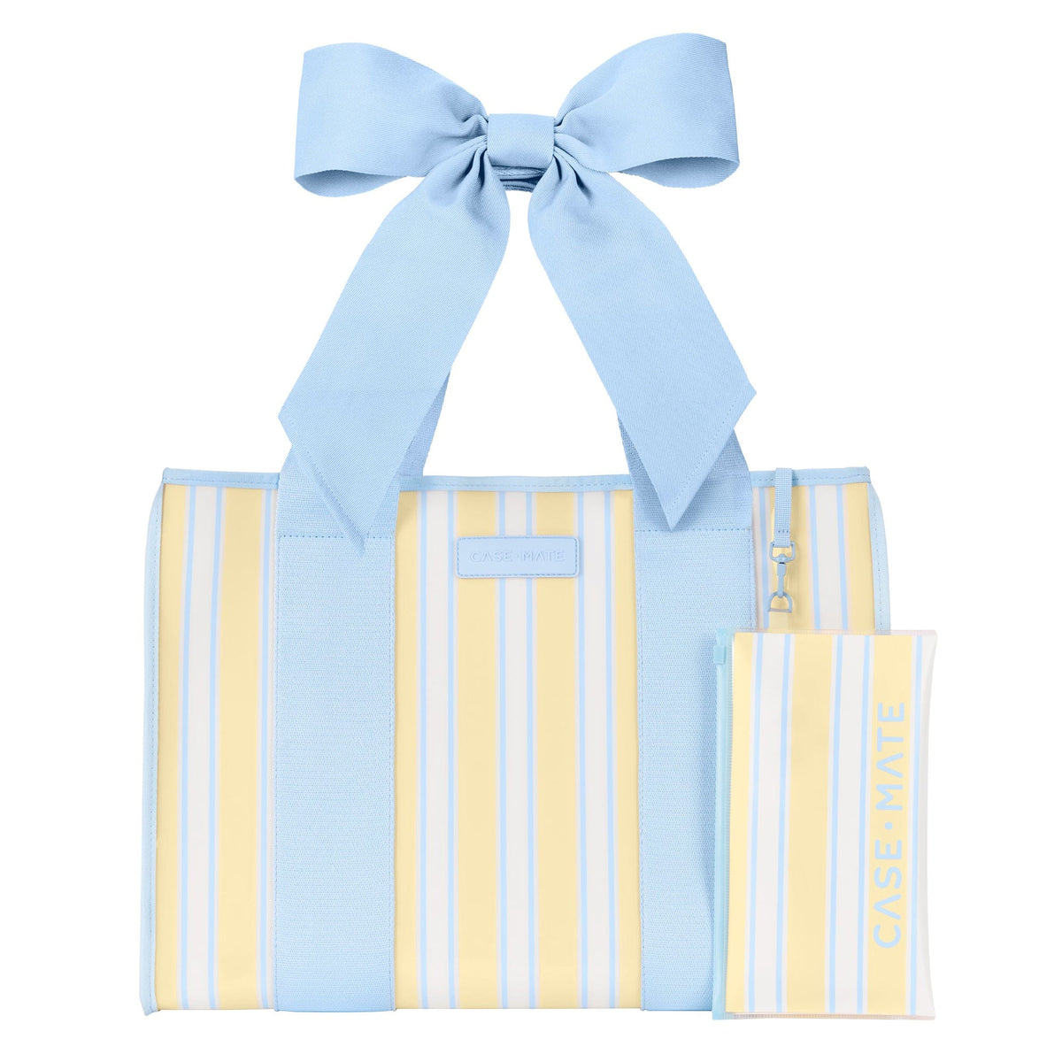 Blue and yellow striped jelly tote bag with a large blue bow and matching phone pouch.