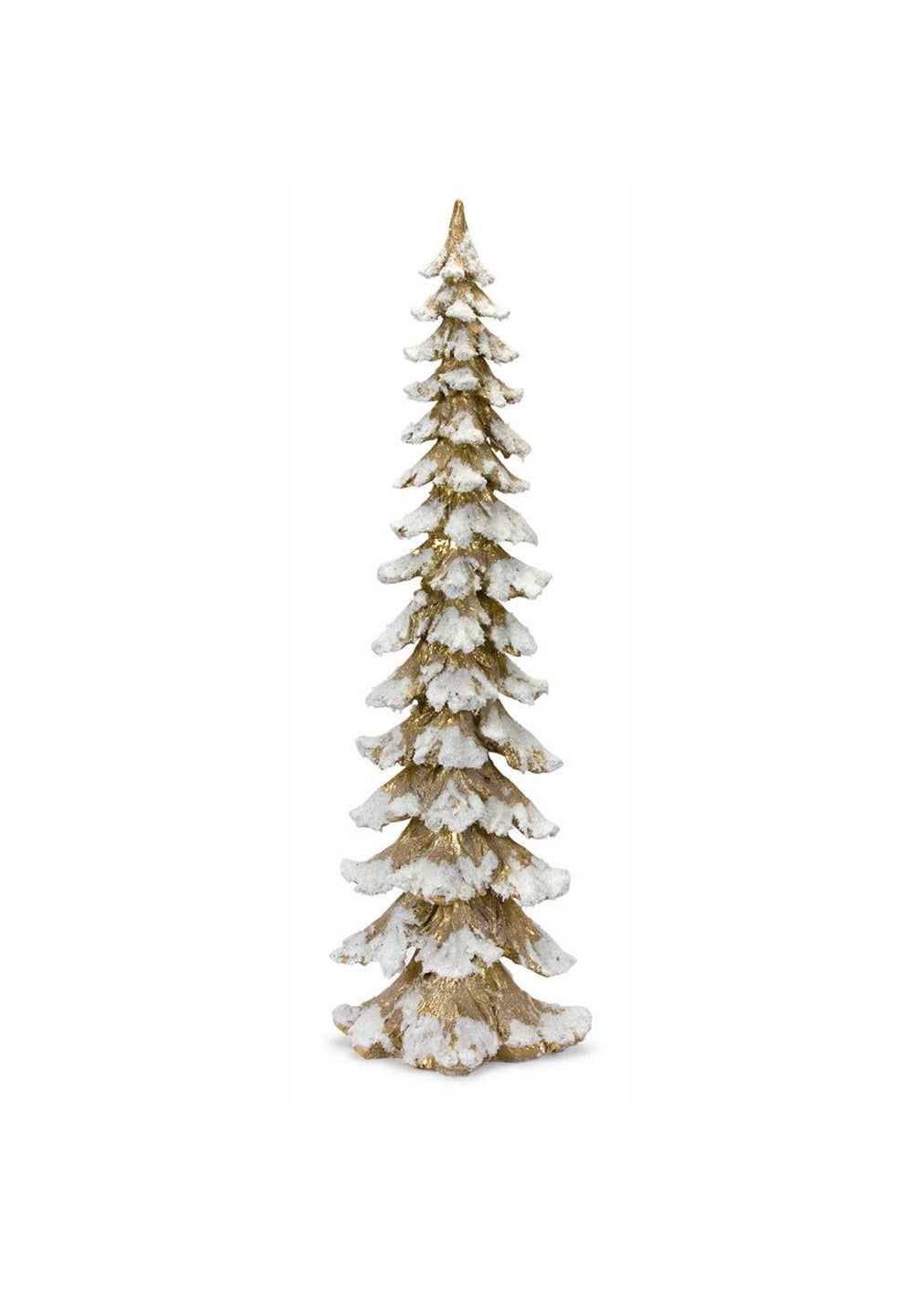 34.5-inch tall gold resin pine tree figurine with white snow-flocked branches.