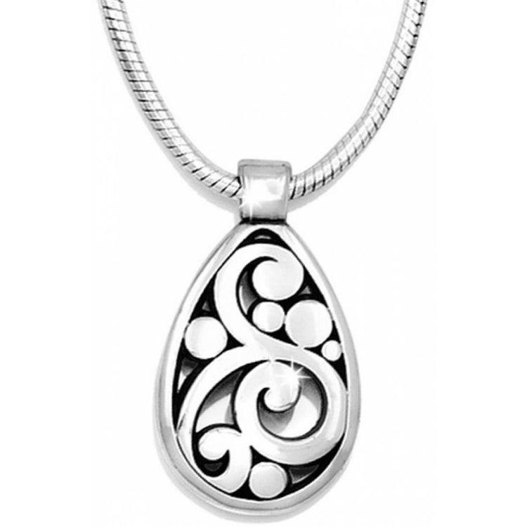 Silver plated Contempo Necklace featuring a teardrop pendant with intricate scrollwork designs.