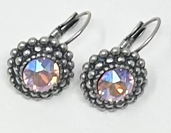 Classic Single Stone Earring Dot with iridescent pink crystals and silver-tone beaded borders.