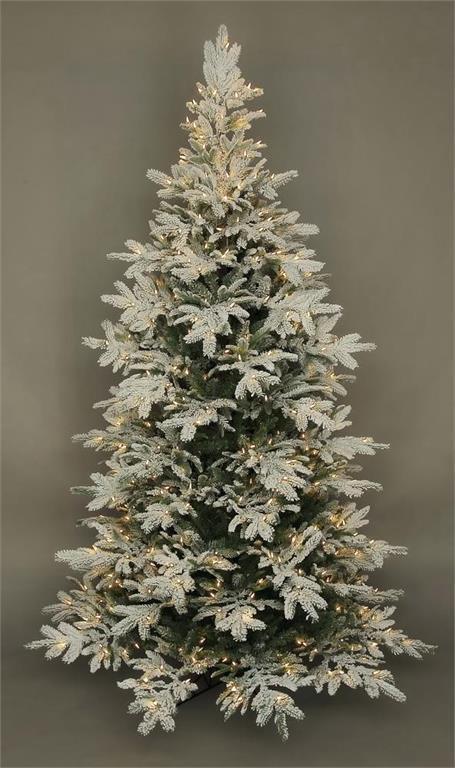 9-foot Rebecca Flocked Noble Fir Tree with 750 LED lights and snowy branches.