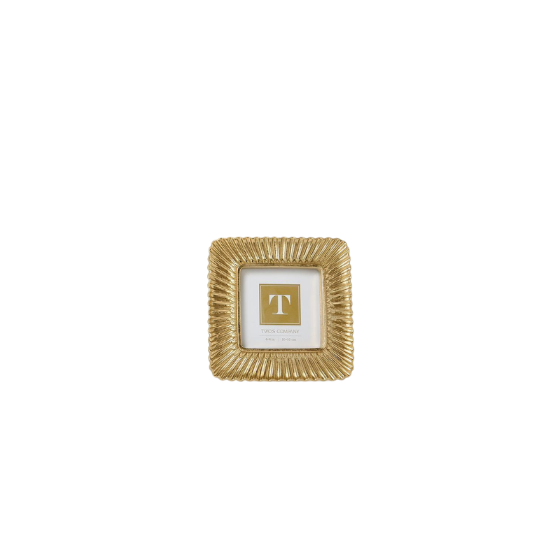 Sculpted scalloped plume gold photo frame made of resin with a square opening.