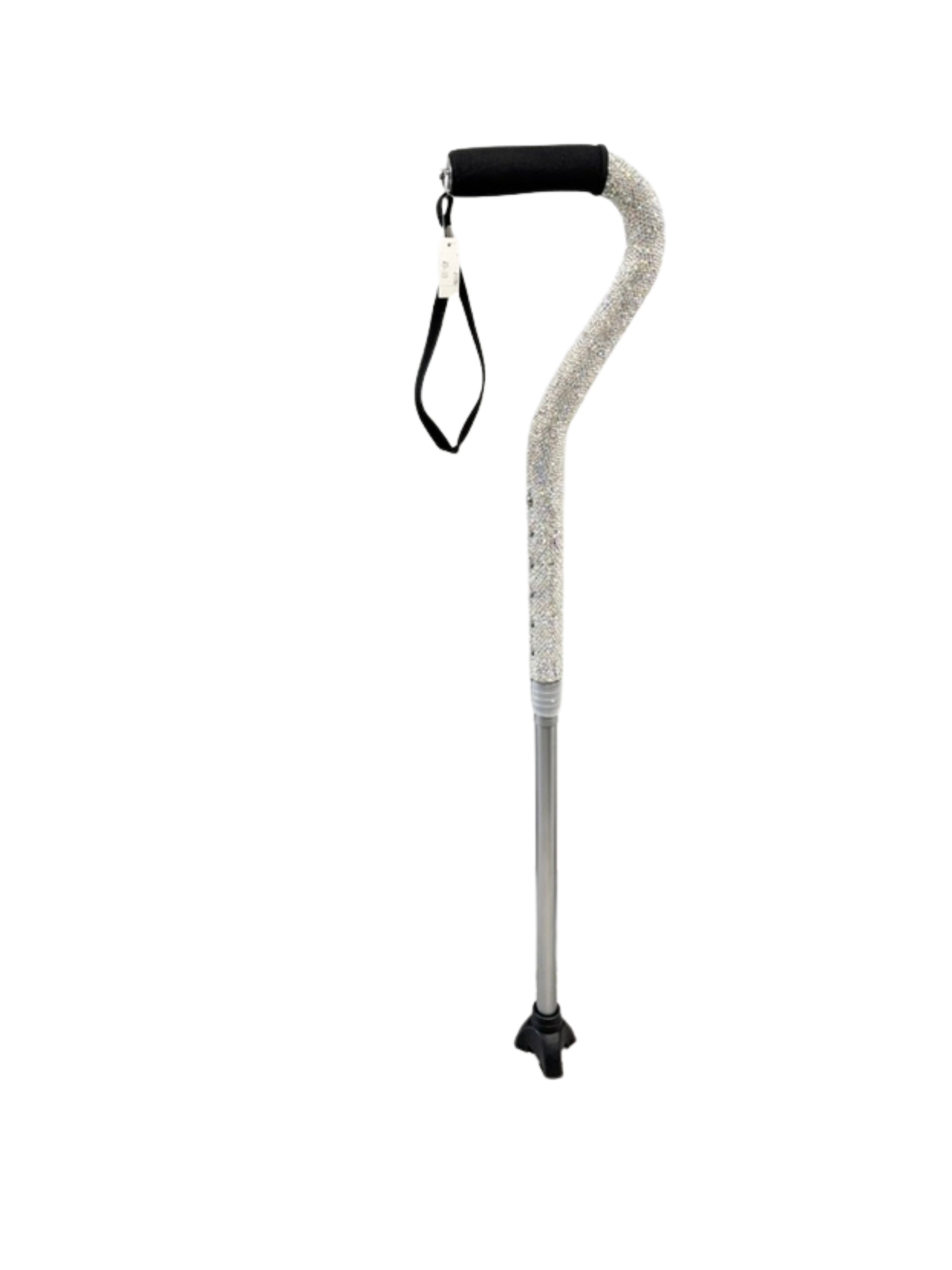 Adjustable rhinestone walking cane with a black foam handle, wrist strap, and a tripod base.