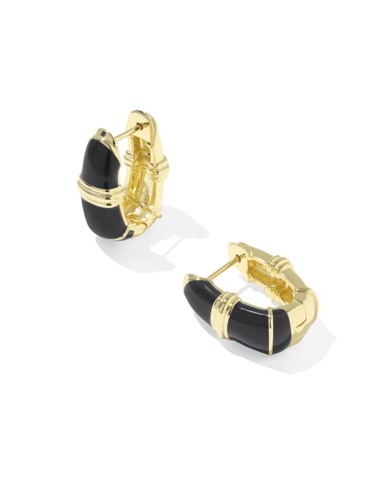 Courtney Enamel Huggie Gold Earrings featuring black enamel and 14k yellow gold over brass.