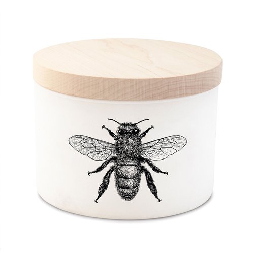 Matte white vessel citronella triple-wick candle with maple wood lid featuring a silk-screened graphic.