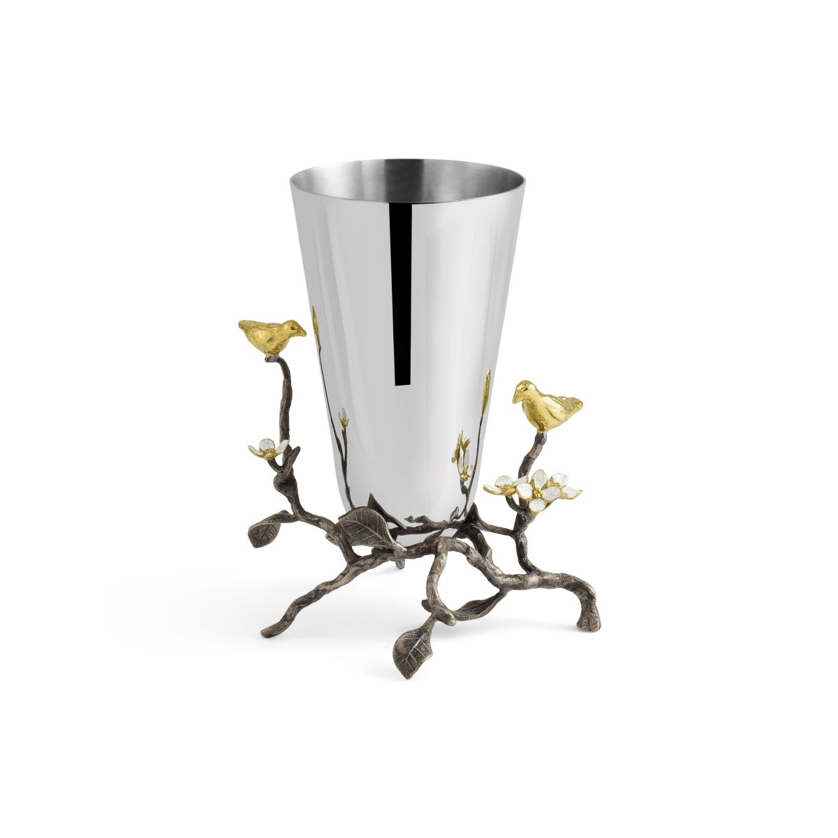 Small stainless steel vase with oxidized brass accents featuring white four-petaled enamel flowers symbolizing unity.