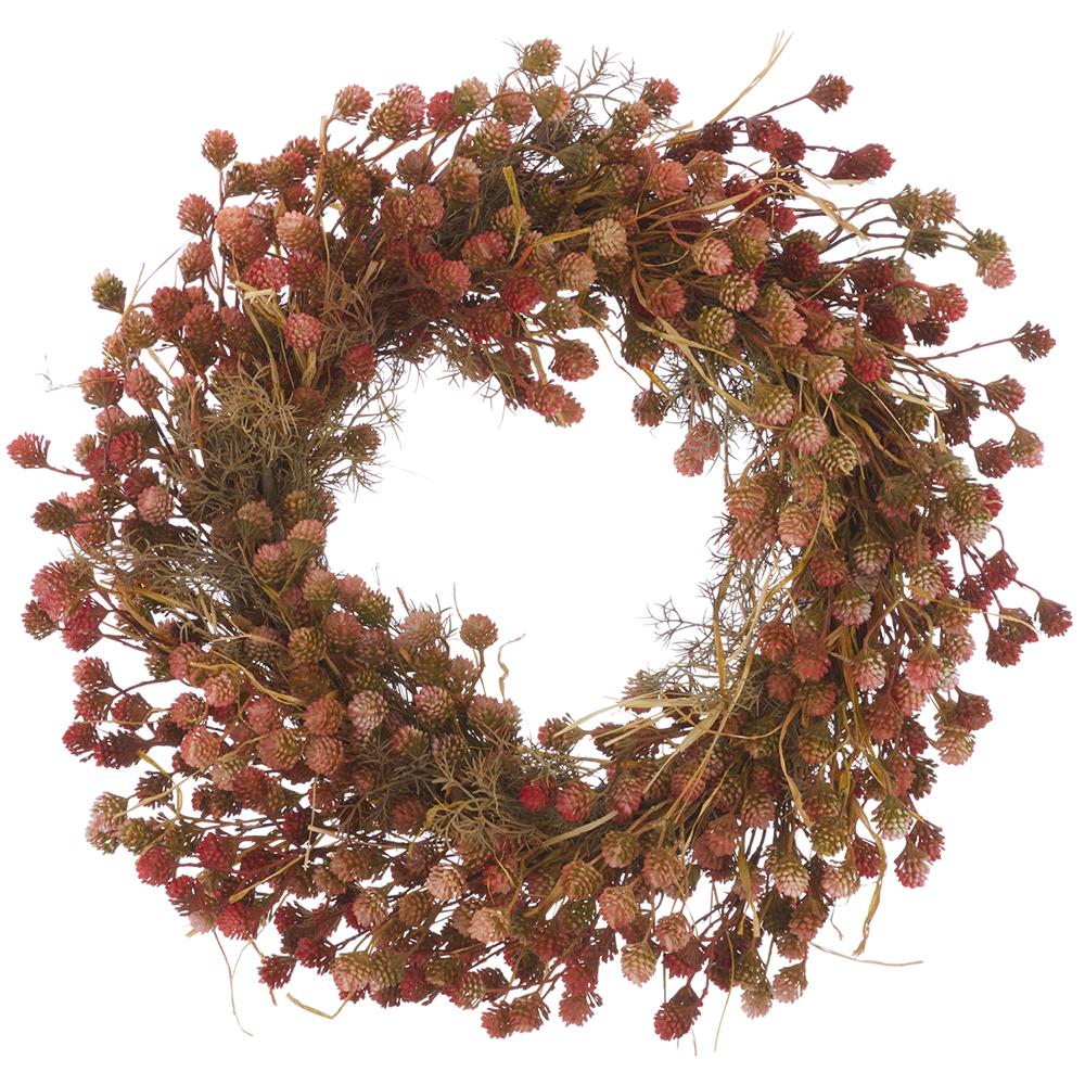 26-inch thistle wreath with textured mauve and green flower heads on a natural twig base.