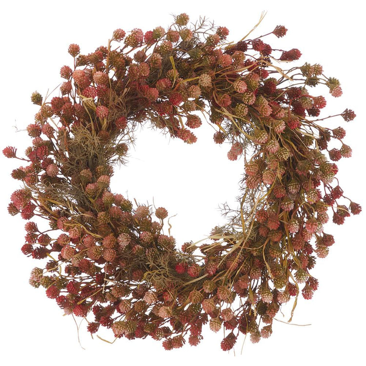 26-inch thistle wreath with textured mauve and green flower heads on a natural twig base.