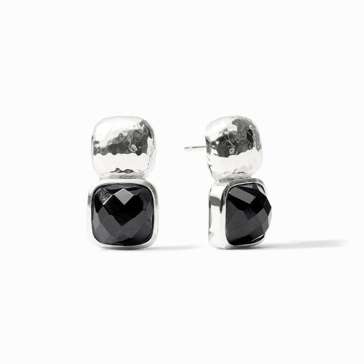 Catalina Silver Earrings featuring hammered silver posts and faceted black glass square drops.