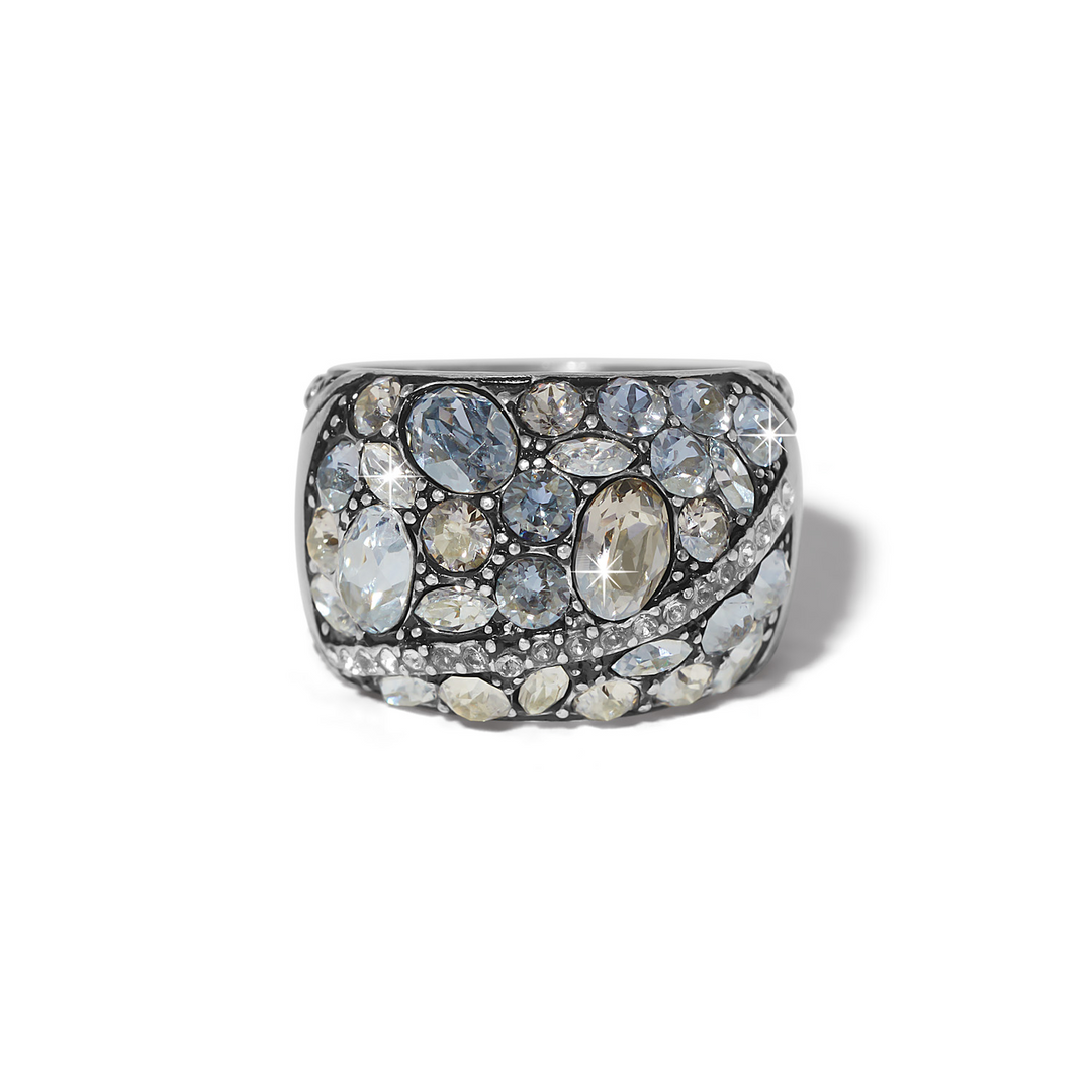 Trust Your Journey Sky Ring featuring blue and clear crystals on a silver-plated band.