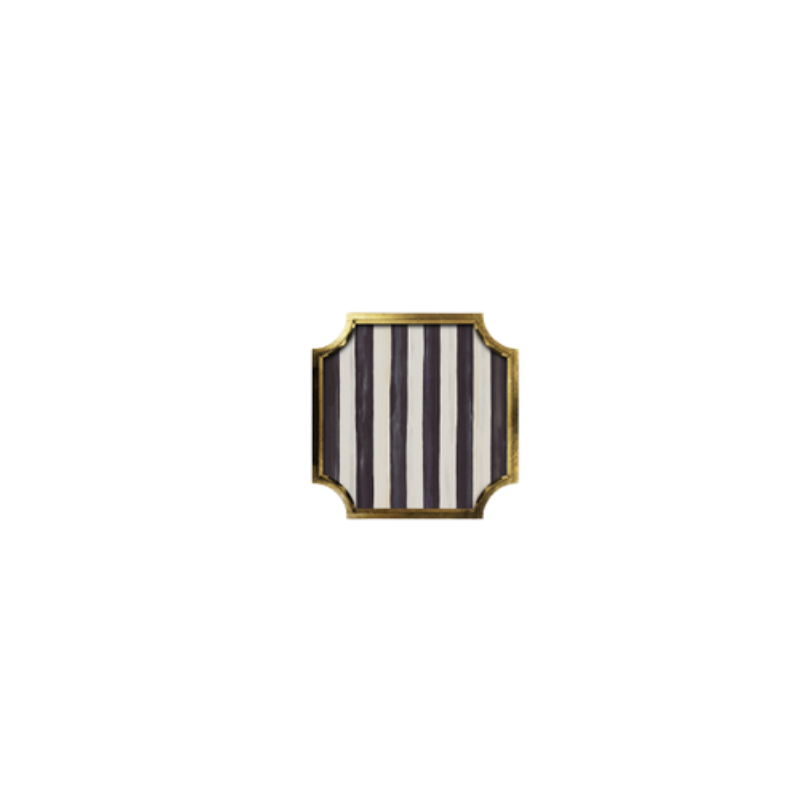 Square stackable trinket tray with black and white vertical stripes and gold leaf gallery edges.